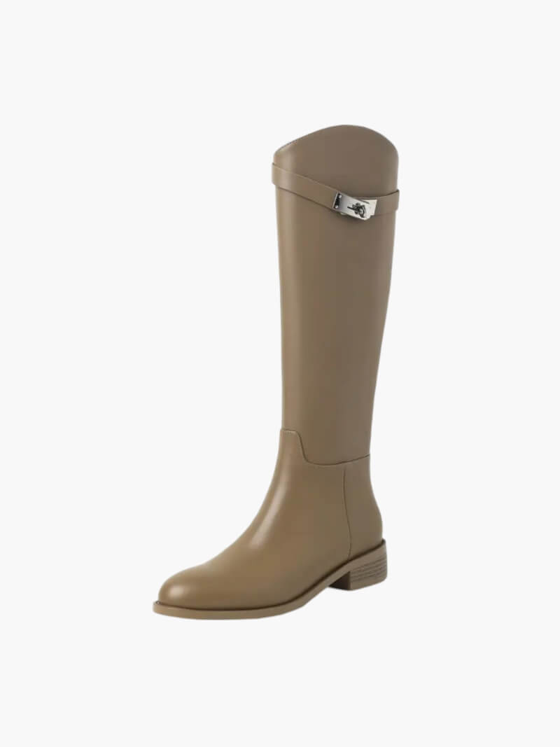 Women's tall taupe leather-look riding boots with a metal clasp at the shaft top