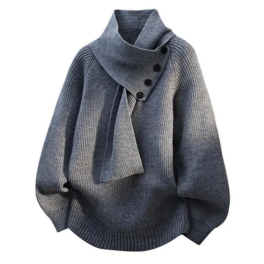 Women's grey scarf-neck jumper with draped cowl collar