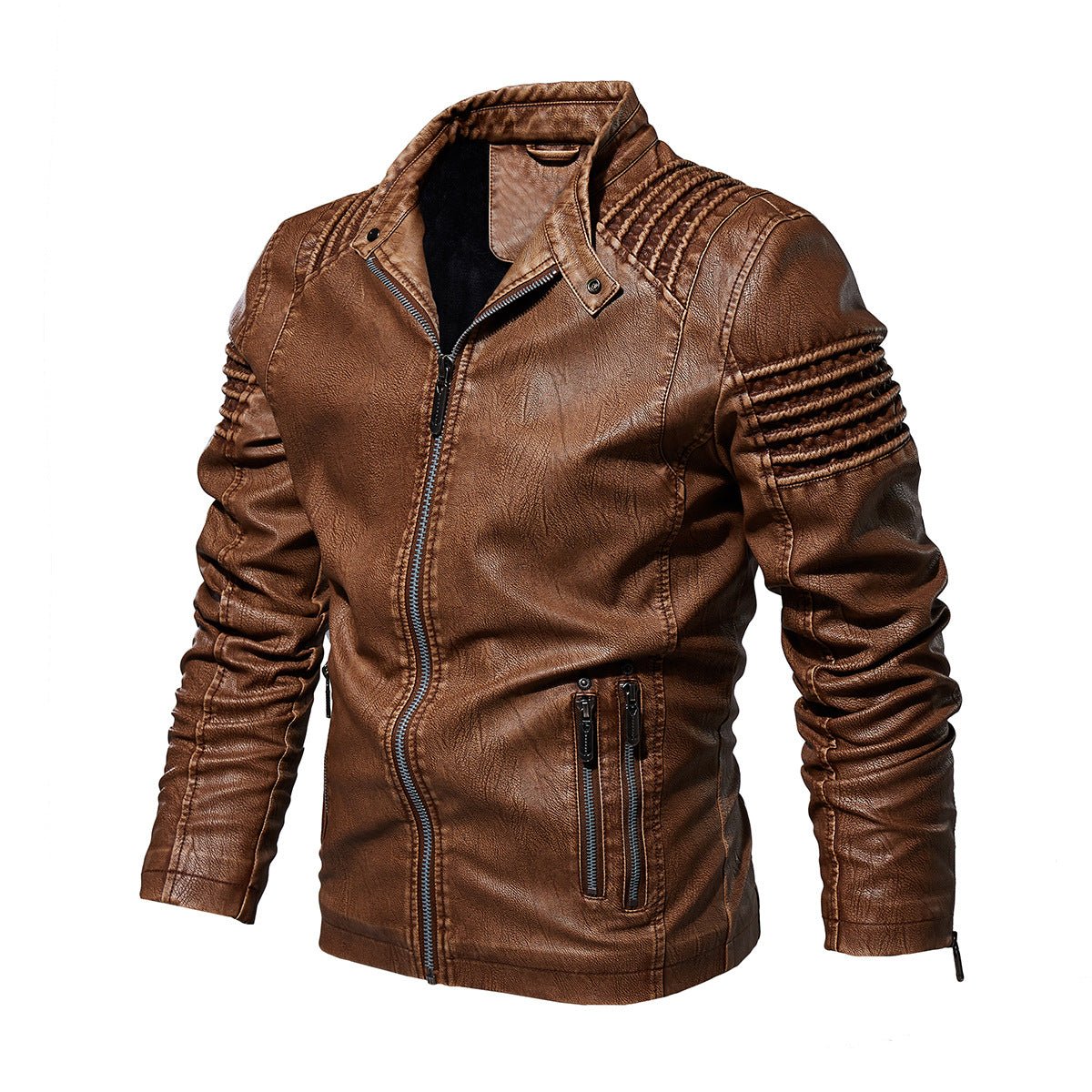Men's Faux Leather Biker Jacket in Khaki