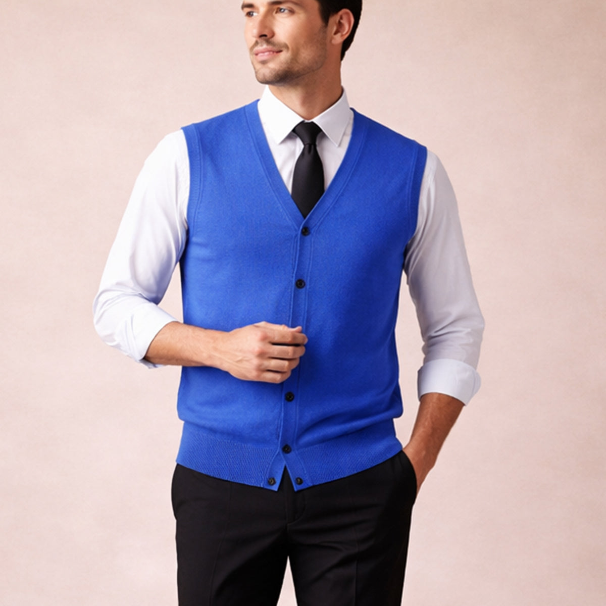 Men's button-down knit sweater vest in blue