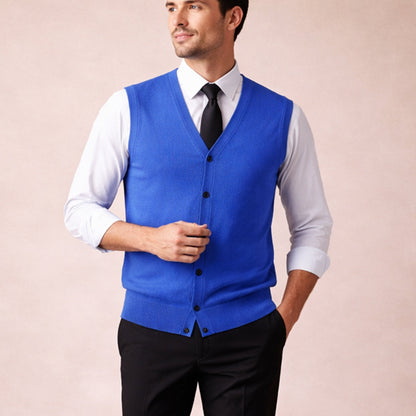 Men's button-down knit sweater vest in blue