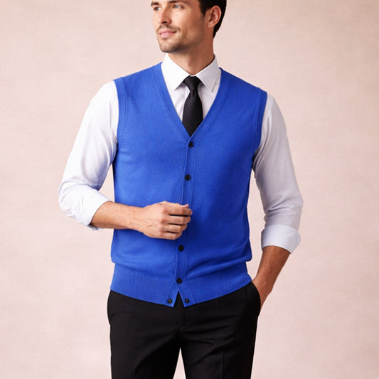 Men's button-down knit sweater vest in blue