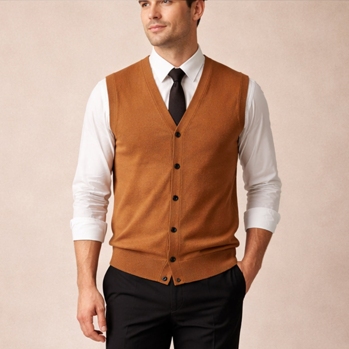 Men's button-down knit sweater vest in brown