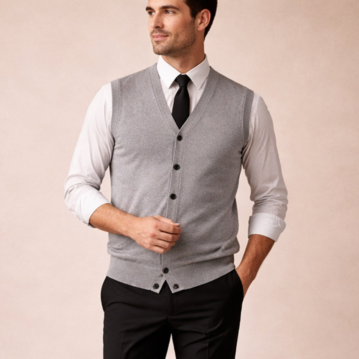 Men's button-down knit sweater vest in grey