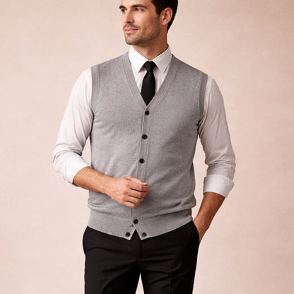 Men's button-down knit sweater vest in grey