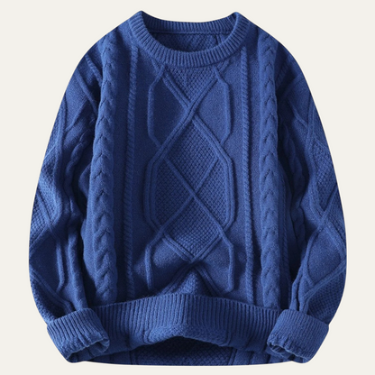 Men's chunky cable knit jumper in blue