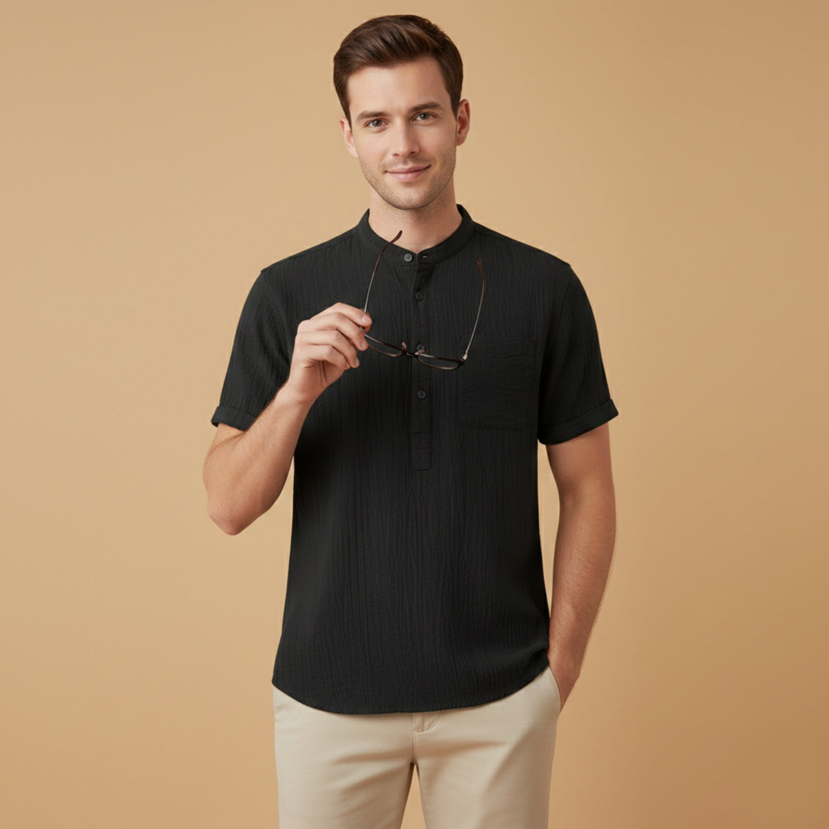 Men's cotton linen henley shirt in black