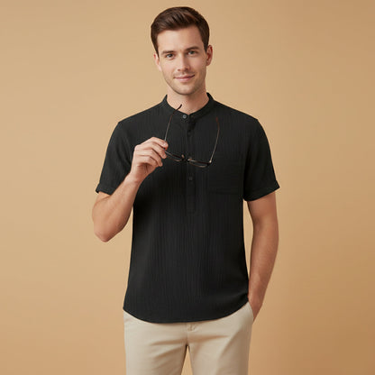 Men's cotton linen henley shirt in black