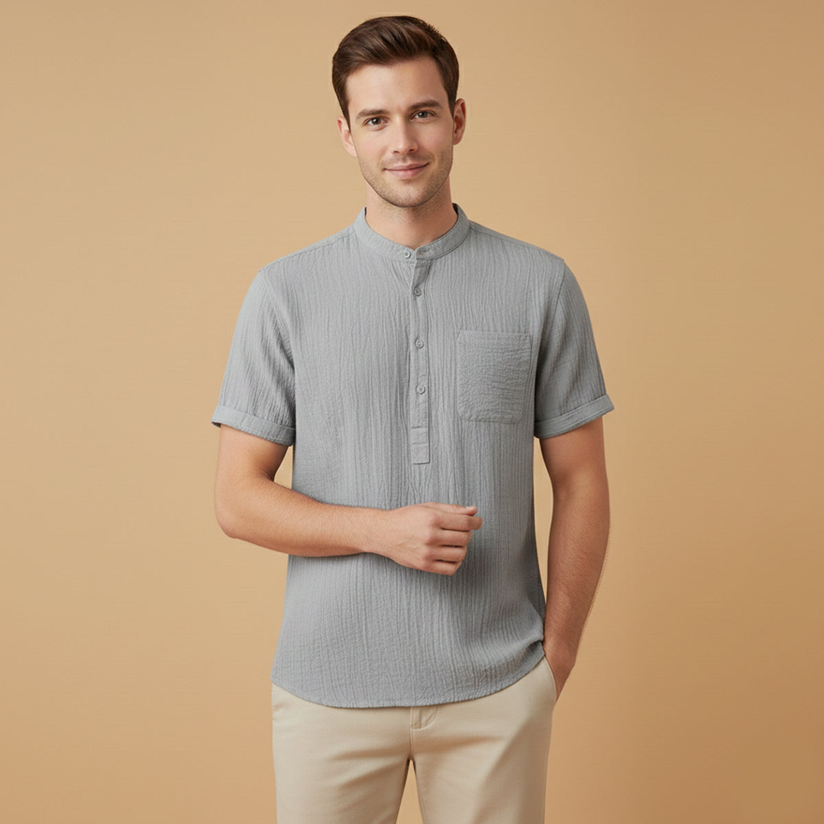 Men's cotton linen henley shirt in grey
