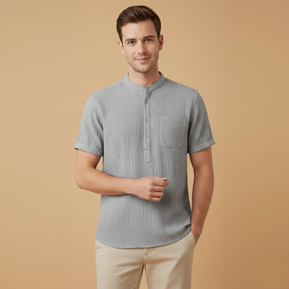 Men's cotton linen henley shirt in grey