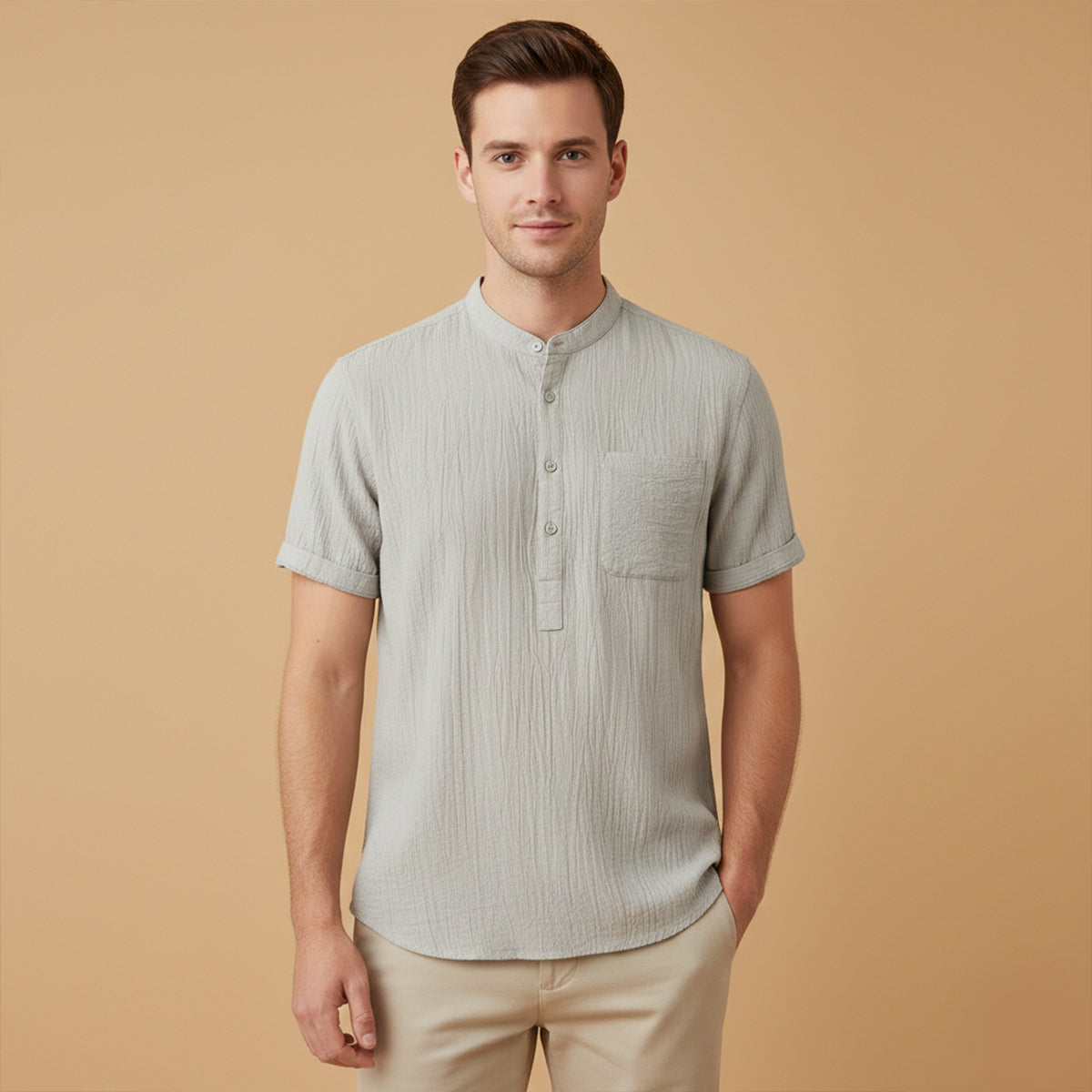 Men's cotton linen henley shirt in khaki