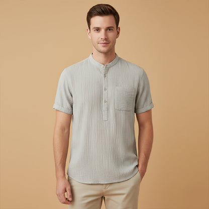 Men's cotton linen henley shirt in khaki