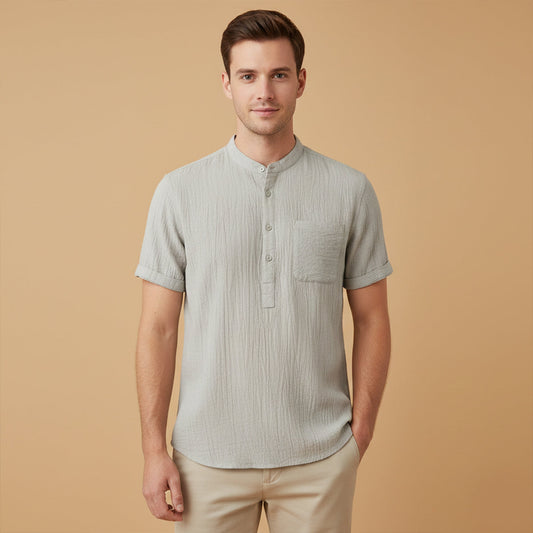 Men's cotton linen henley shirt in khaki