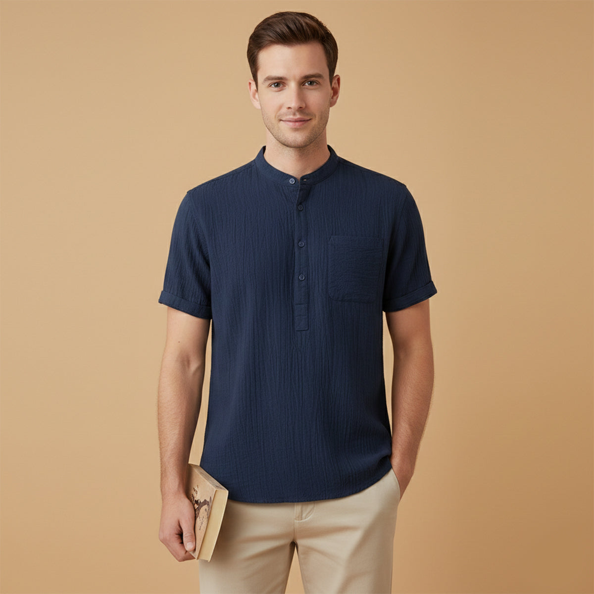 Men's cotton linen henley shirt in navy blue