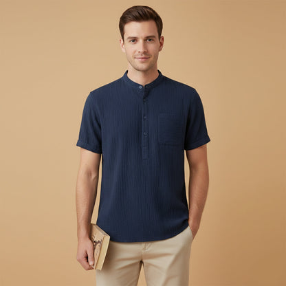 Men's cotton linen henley shirt in navy blue