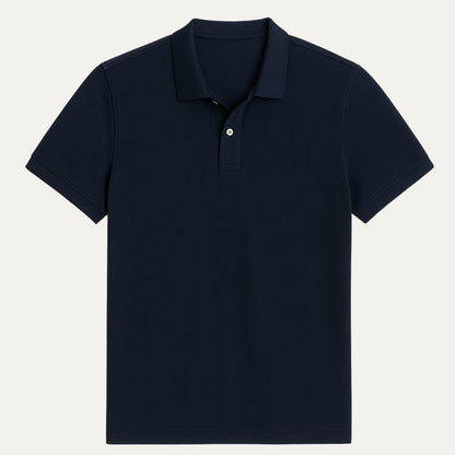 Men's cotton piqué polo shirt in navy blue, front view