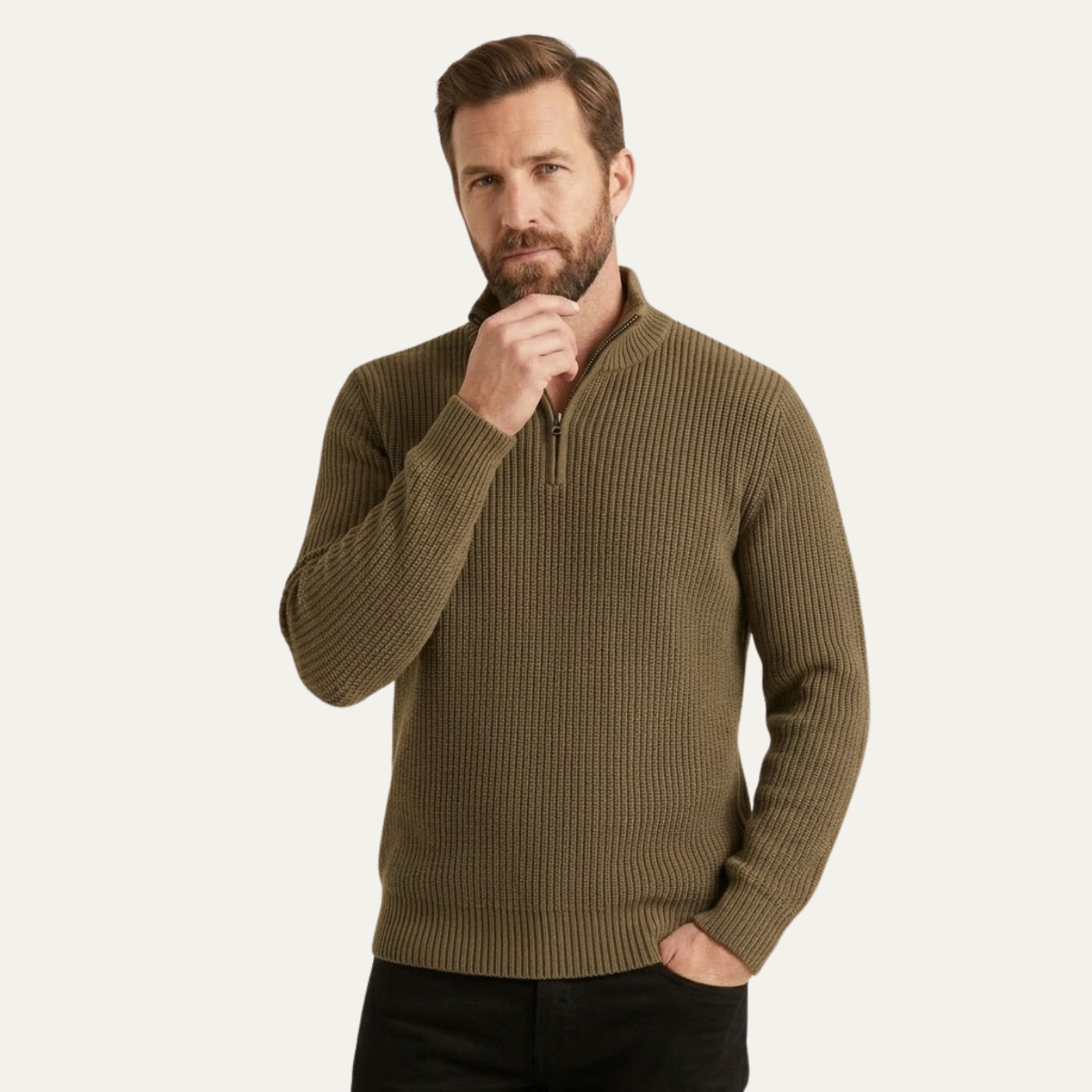 Men's merino wool half-zip jumper in brown