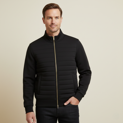 Men's quilted puffer jacket in black, front view