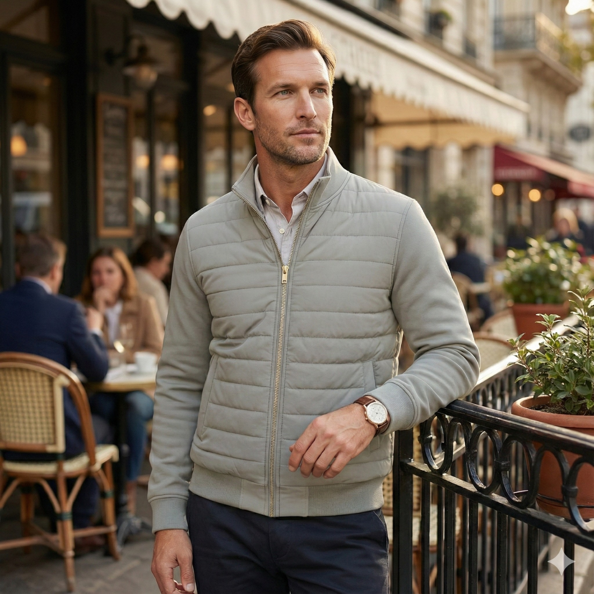 Men's quilted puffer jacket in grey, front view