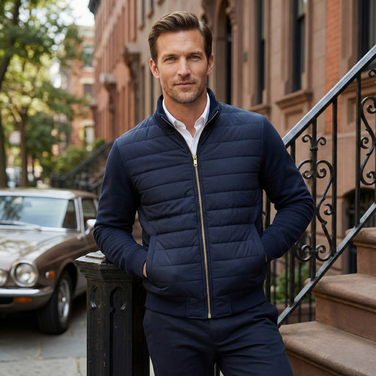 Men's quilted puffer jacket in navy blue, front view