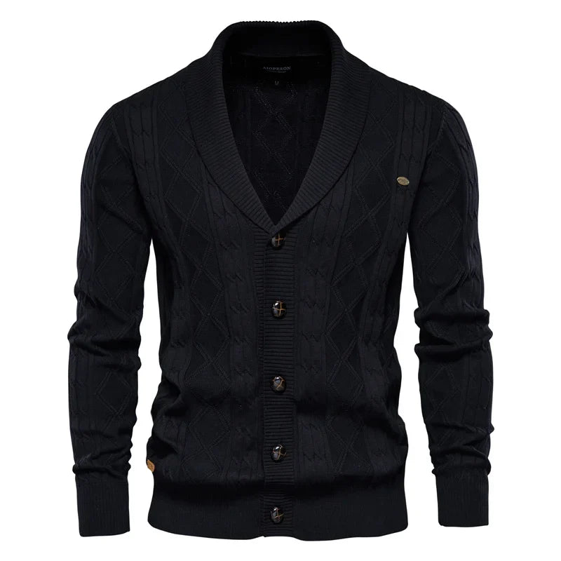 Men's shawl collar cable knit cardigan in black