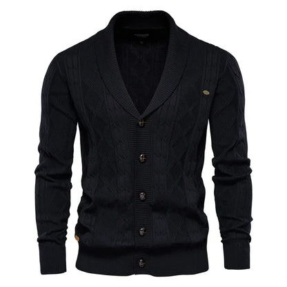 Men's shawl collar cable knit cardigan in black