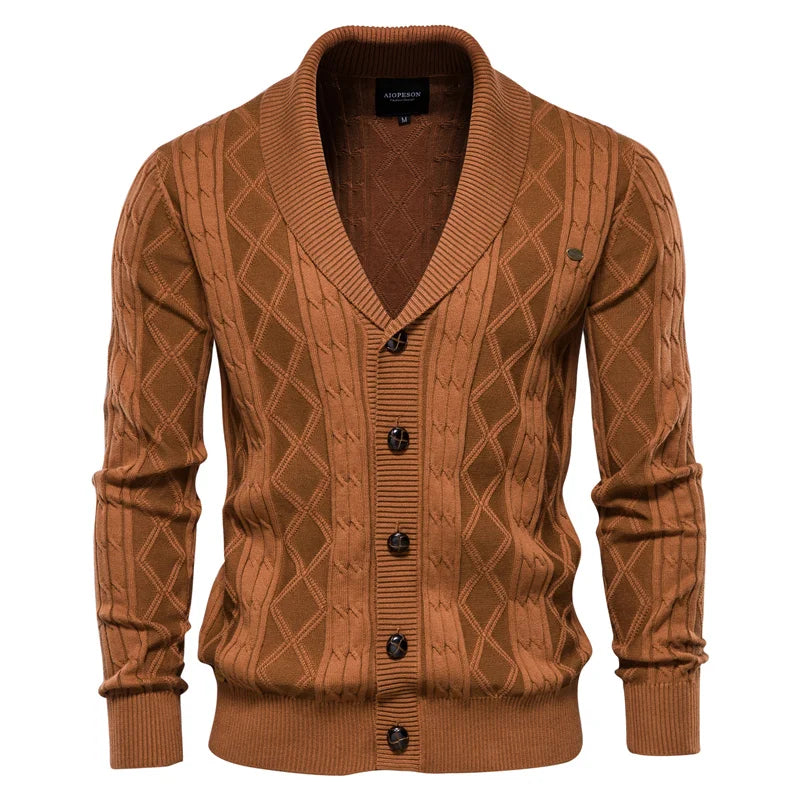 Men's shawl collar cable knit cardigan in brown