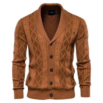 Men's shawl collar cable knit cardigan in brown