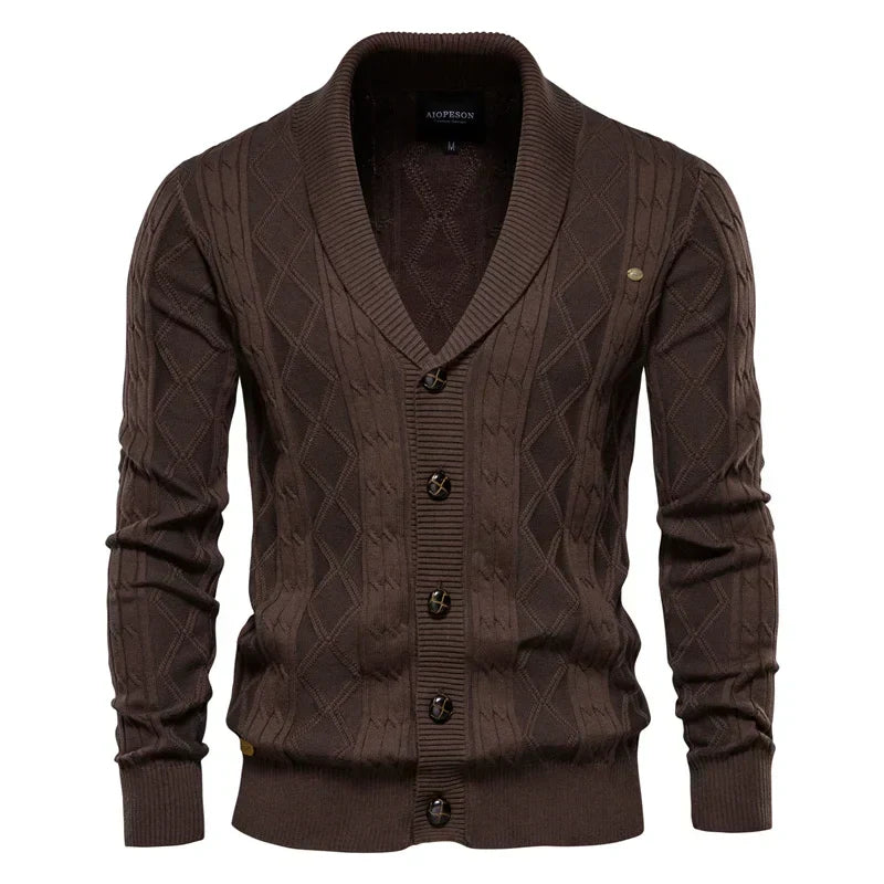 Men's shawl collar cable knit cardigan in dark brown