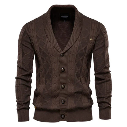 Men's shawl collar cable knit cardigan in dark brown