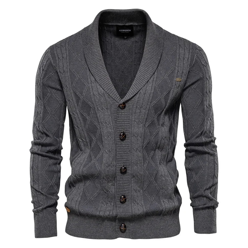 Men's shawl collar cable knit cardigan in dark grey