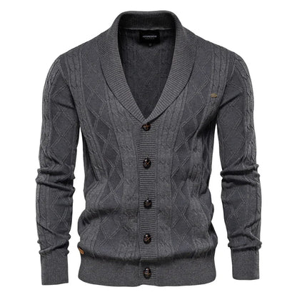 Men's shawl collar cable knit cardigan in dark grey