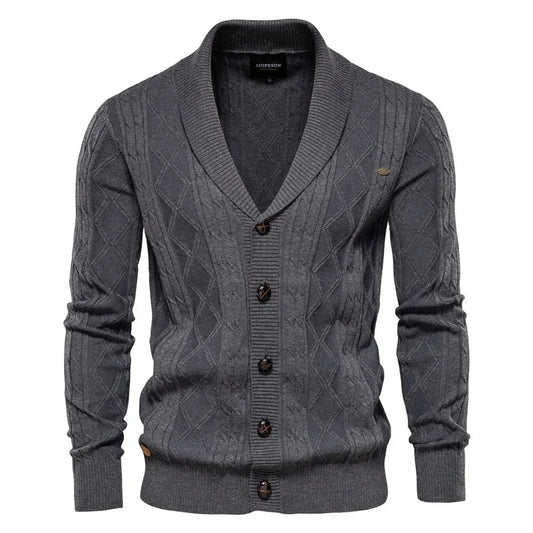 Men's shawl collar cable knit cardigan in dark grey