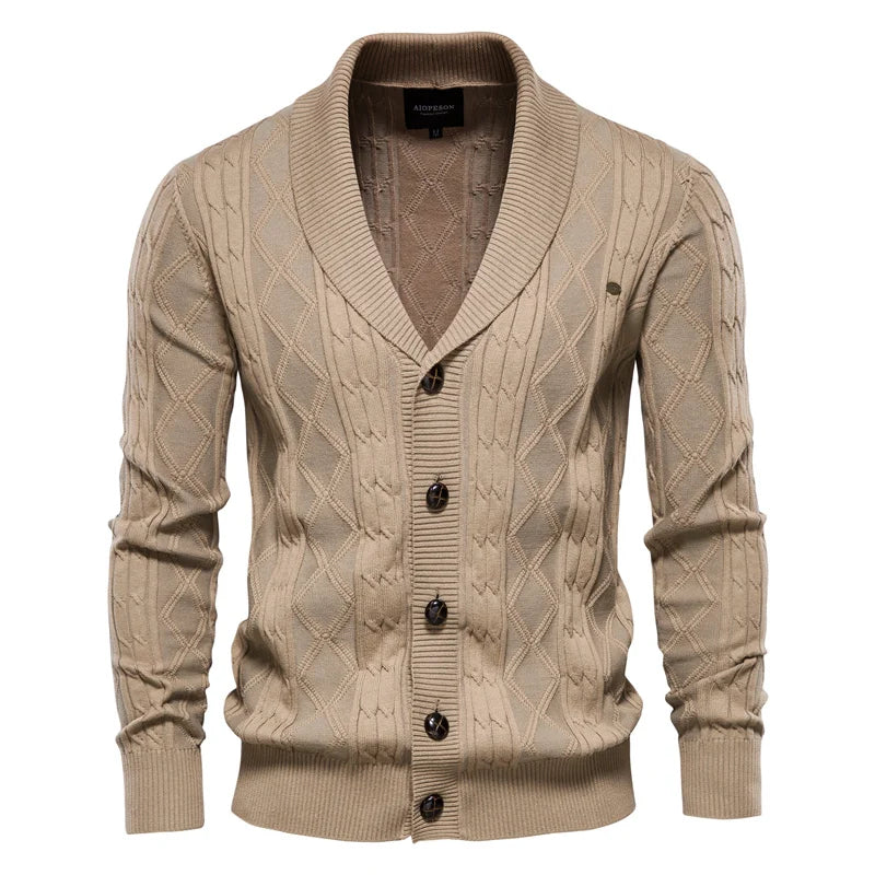 Men's shawl collar cable knit cardigan in khaki