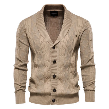 Men's shawl collar cable knit cardigan in khaki