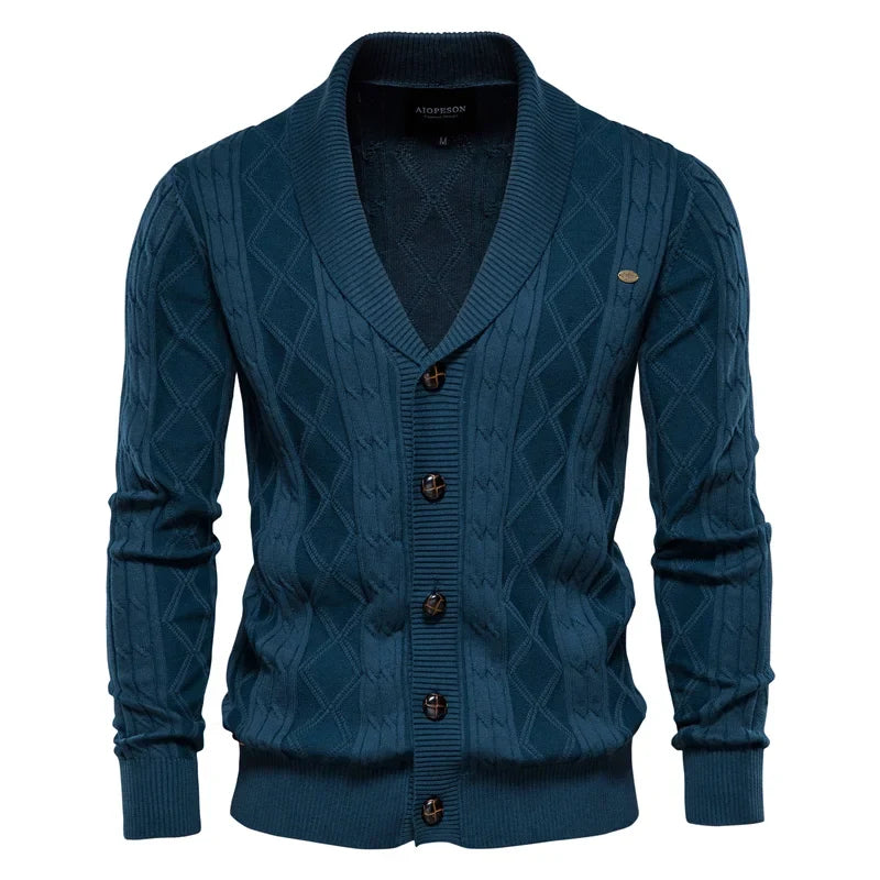 Men's shawl collar cable knit cardigan in navy blue