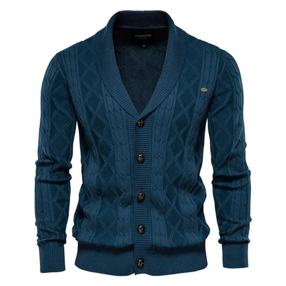 Men's shawl collar cable knit cardigan in navy blue
