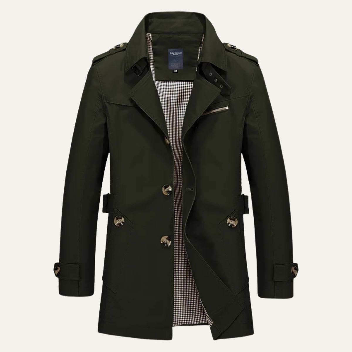 Men's water-repellent trench coat in Army Green, front view