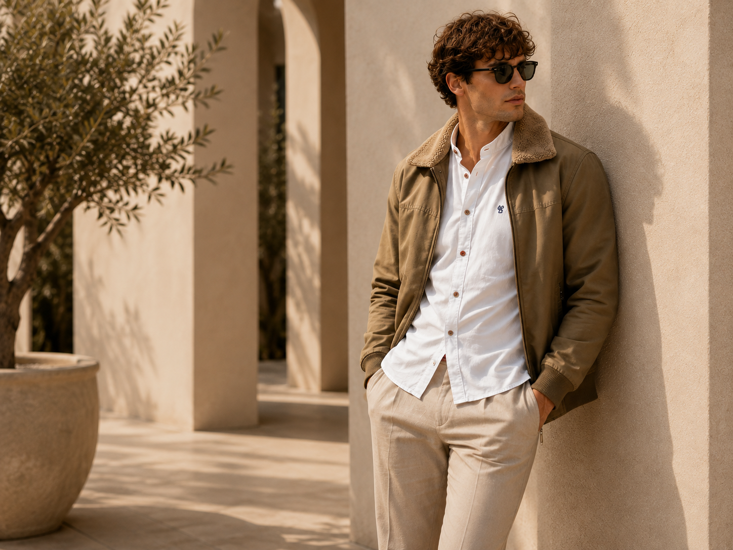 Man wearing a fleece-collar bomber jacket over a white shirt