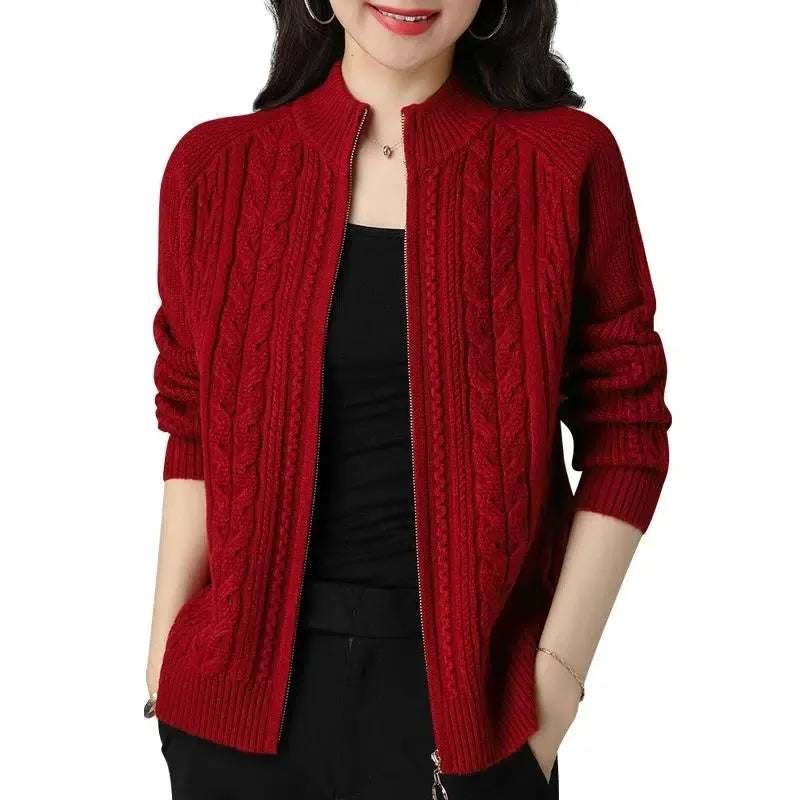 Women's cable-knit zip cardigan in Red