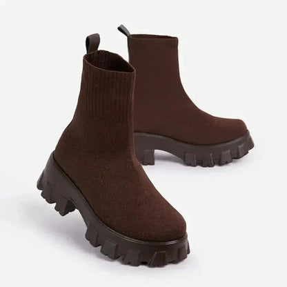 Women's brown chunky sole ankle boots with lugged tread
