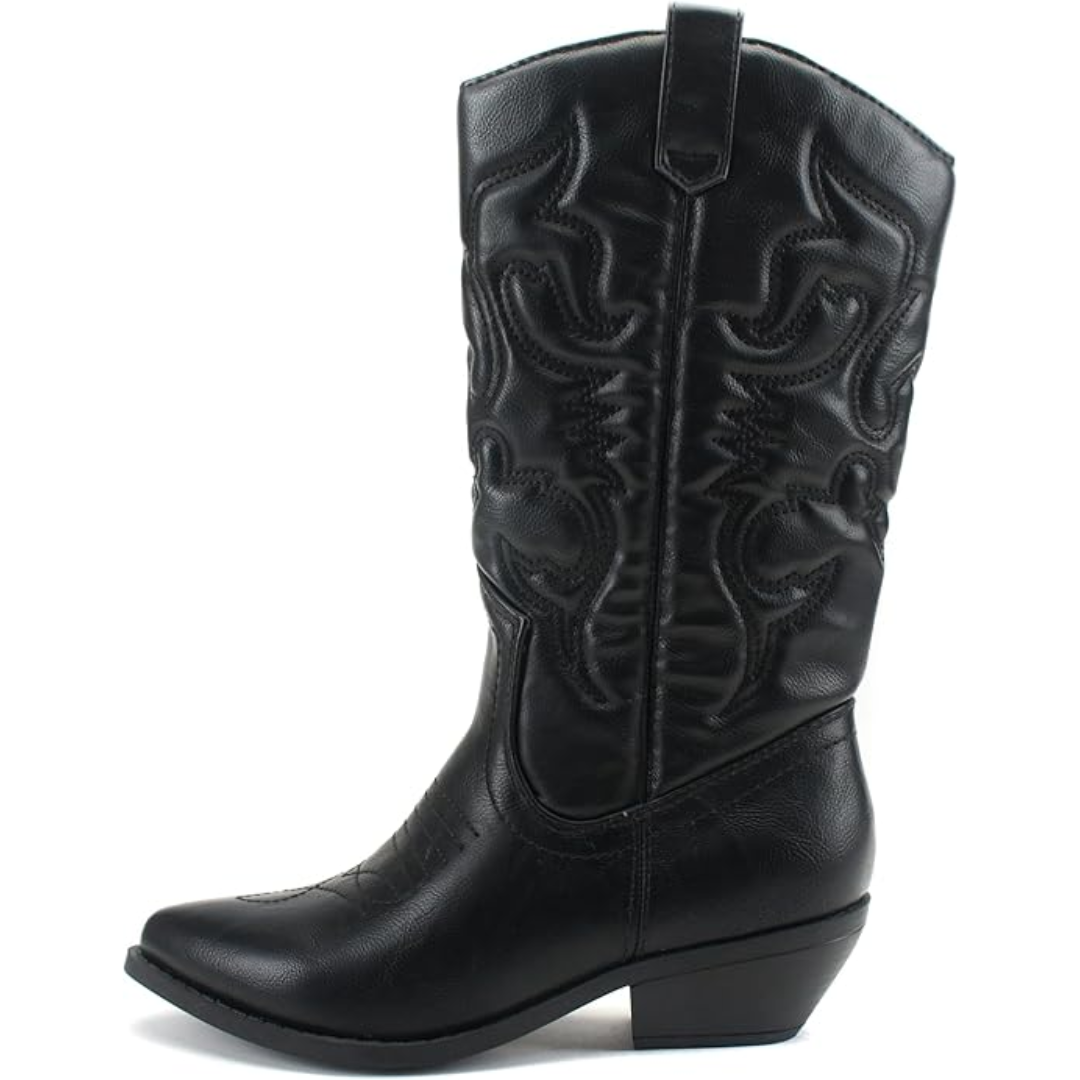 Women's black cowboy boots with pointed toe and western stitching