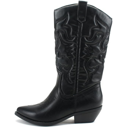 Women's black cowboy boots with pointed toe and western stitching