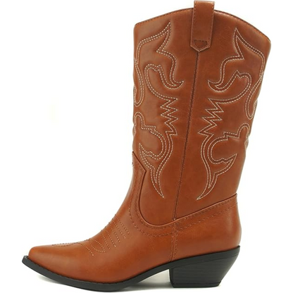 Women's cognac brown cowboy boots with western stitching detail