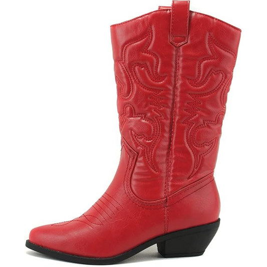 Women's red cowboy boots with pointed toe and western stitching