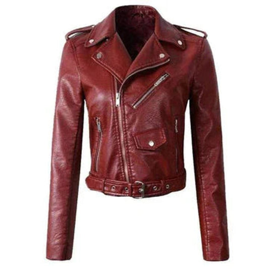 Women's cropped faux leather biker jacket in Red