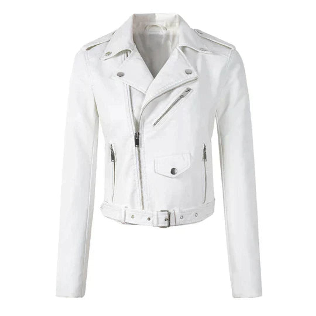 Women's cropped faux leather biker jacket in White