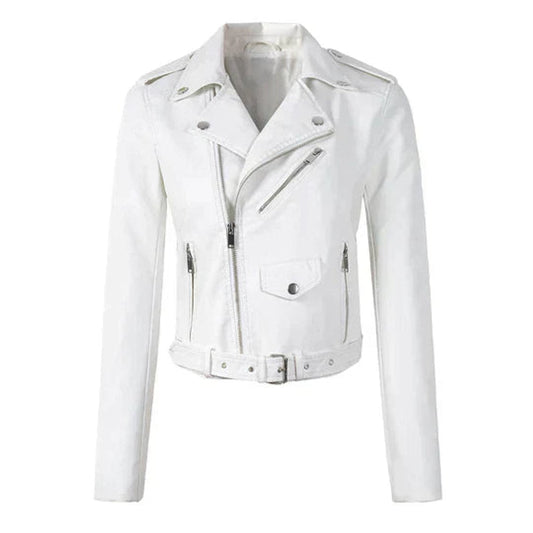 Women's cropped faux leather biker jacket in White