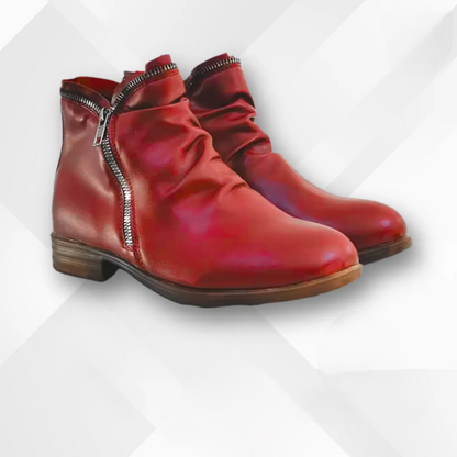 Women's red ankle boots with cushioned contoured footbed