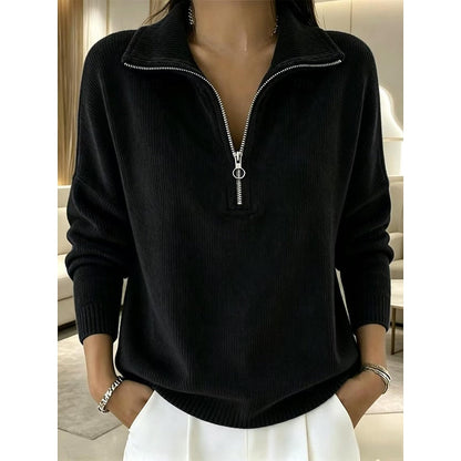 Women's half-zip ribbed jumper with stand collar in black